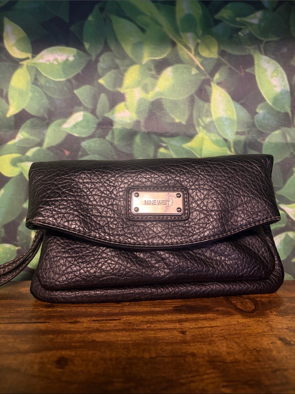 Nine West Black Textured Leather Wristlet Clutch with Logo Plaque